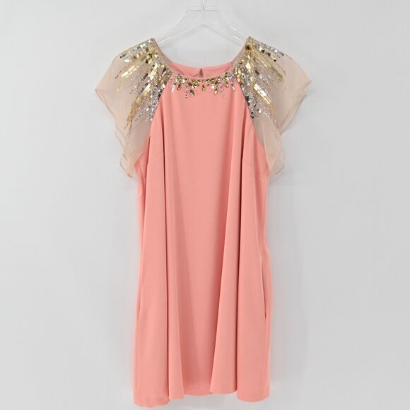AIDAN MATTOX Dress Womens Size 14 Flutter Sleeve Embellished Beaded Sheath Peach - Picture 3 of 14
